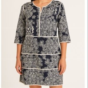 Piperlime Collection Tunic Dress Large Navy White Linen Embroidered Boho Chic